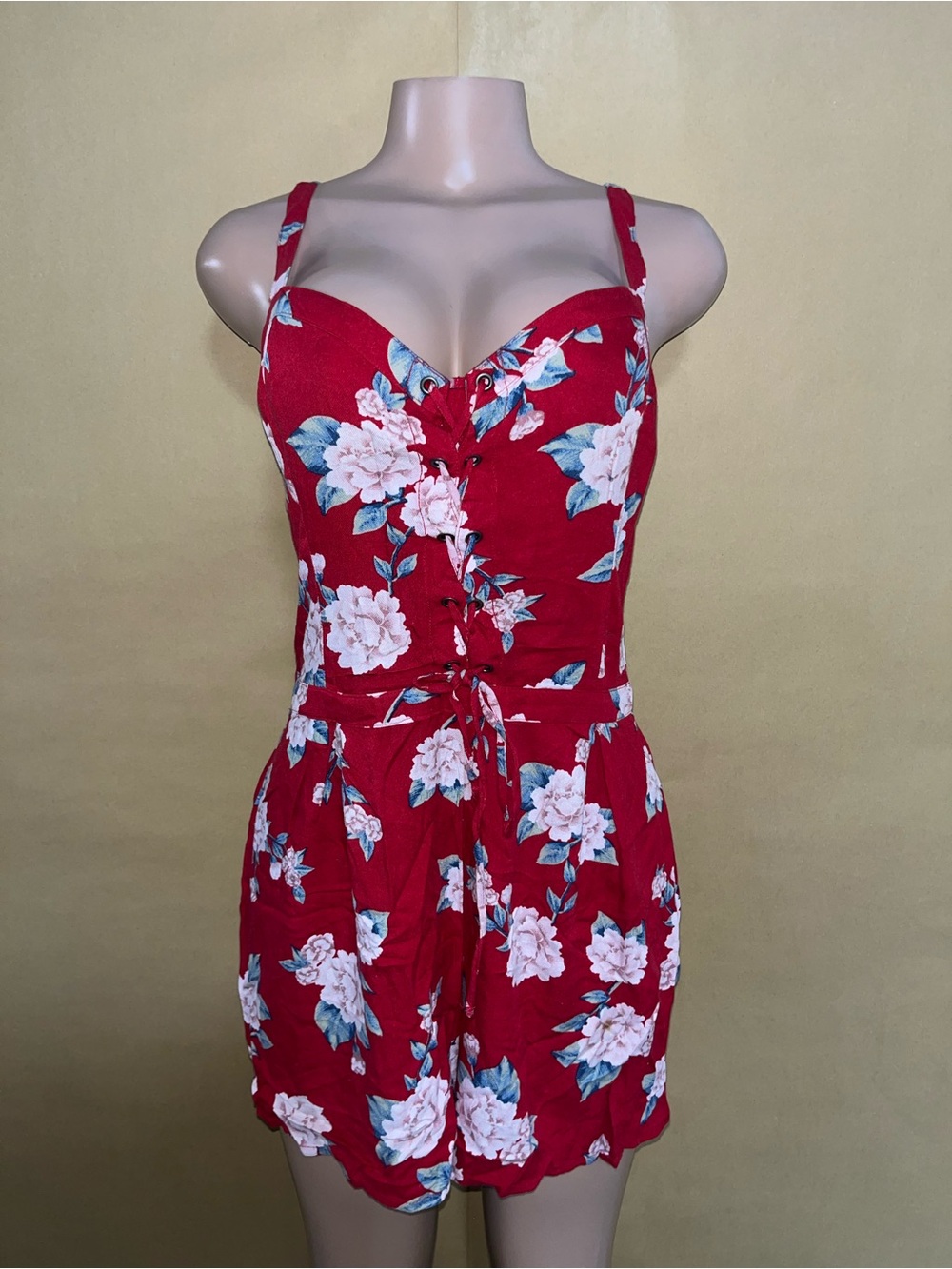 Hollister Red Floral Sweetheart Tie Romper
